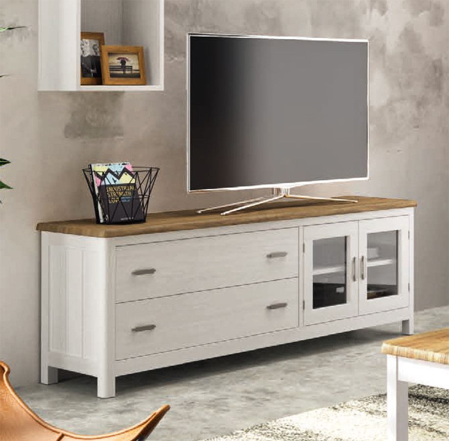Mueble tv en madera de nogal y frentes lacados en blanco, con costado  inclinado