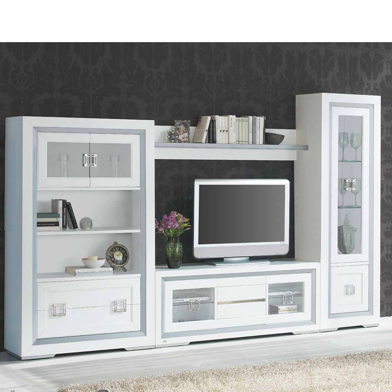 Corona Mueble pared salón con mueble TV y vitrina blanco y gris