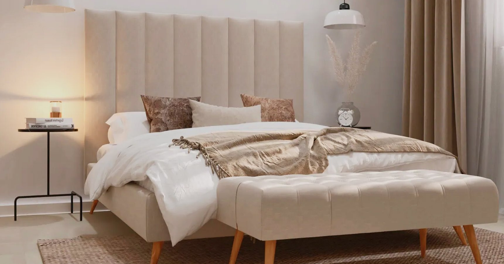 Banco para dormitorio tapizado en piel sintética beige con patas de metal  estilo moderno Betin